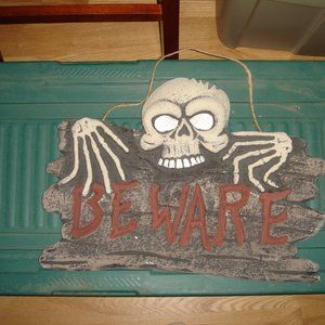 halloween skeletons, hanging beware sign, 3 different hanging skeletons